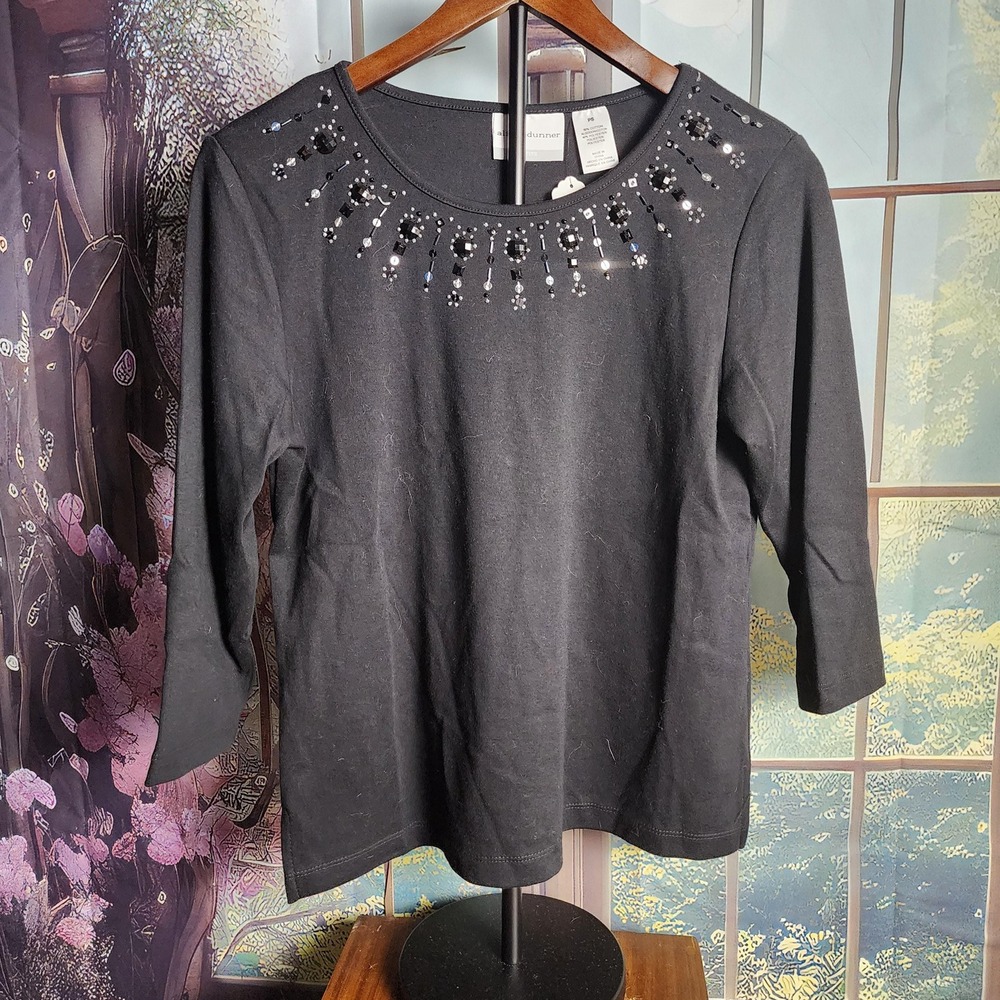 PS Black Basic Top with Embellished Beaded Neckline 3/4 Sleeves